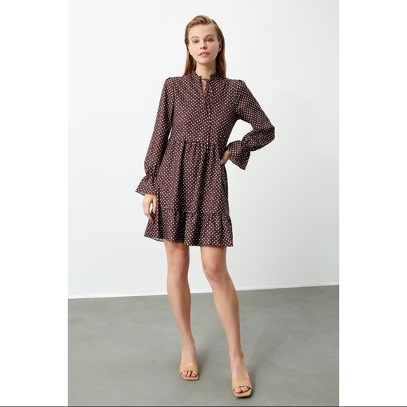 Comfy Babydoll Brown Dot Print Mini Tiered Dress - Picture 1 of 5